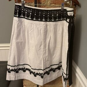 Khaki Krew Black White Lined Cotton Skirt Ribbon Side Tie Embroidered Size Large